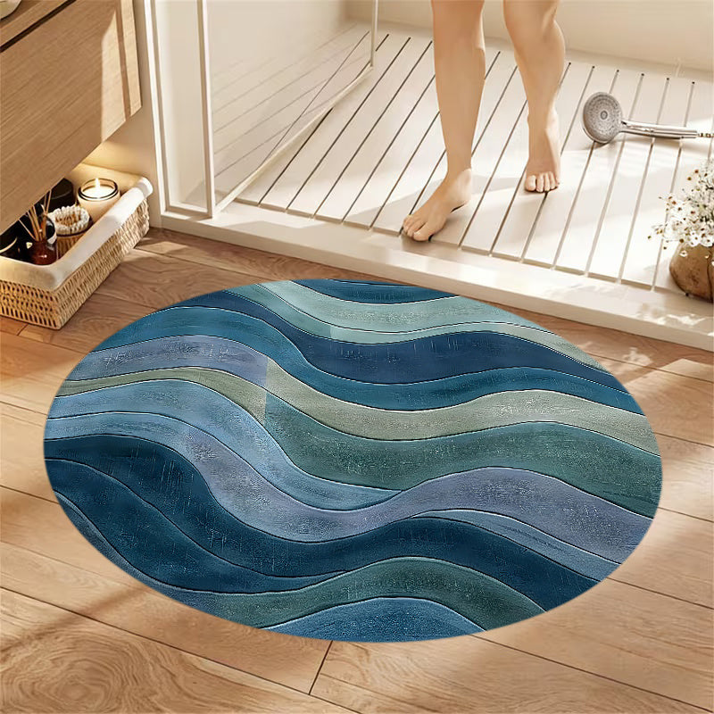 Tapis rond bleu à vagues dégradées, dos à points, 40 à 80 cm
