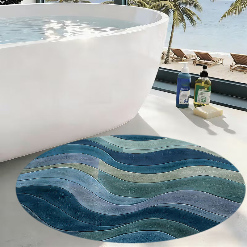 Tapis rond bleu à vagues dégradées, dos à points, 40 à 80 cm