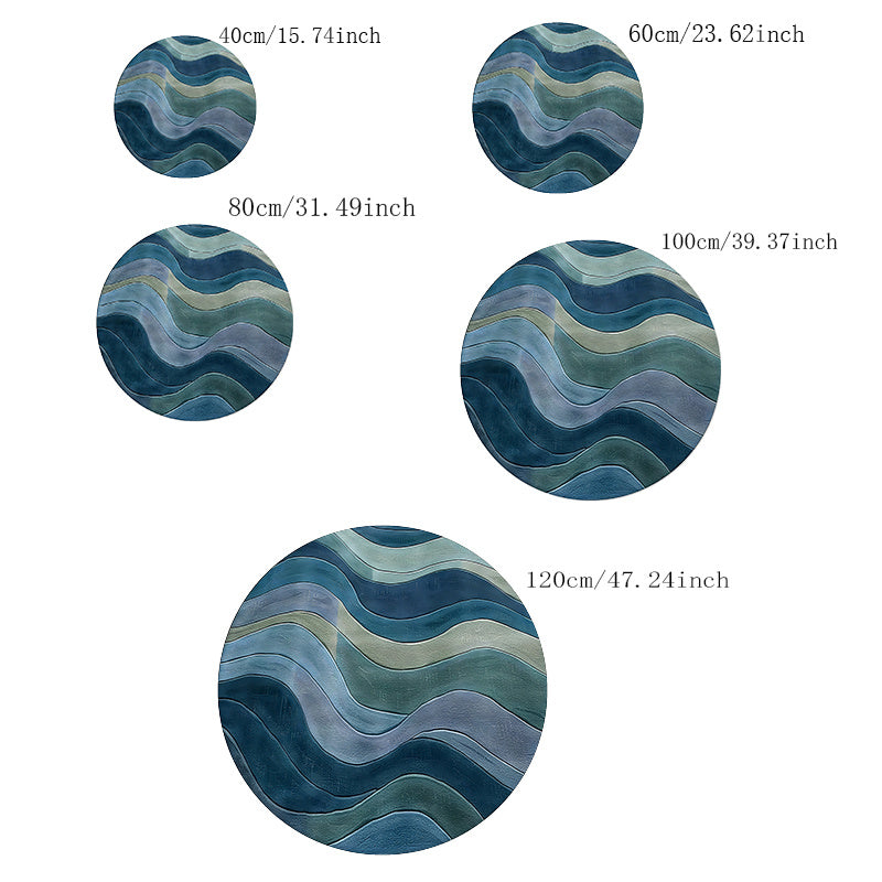 Tapis rond bleu à vagues dégradées, dos à points, 40 à 80 cm