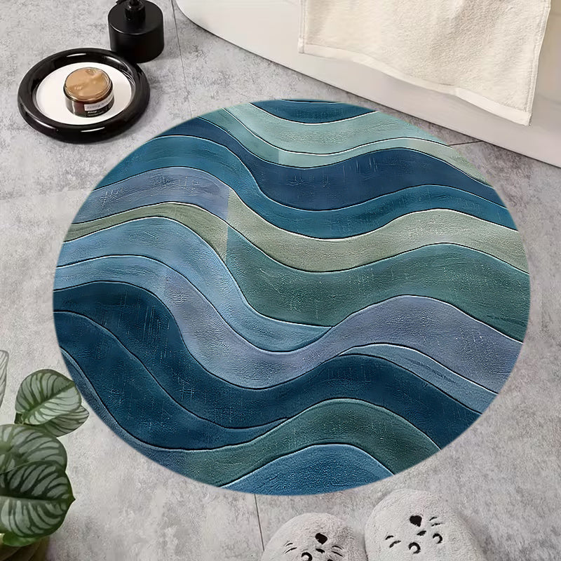 Tapis rond bleu à vagues dégradées, dos à points, 40 à 80 cm
