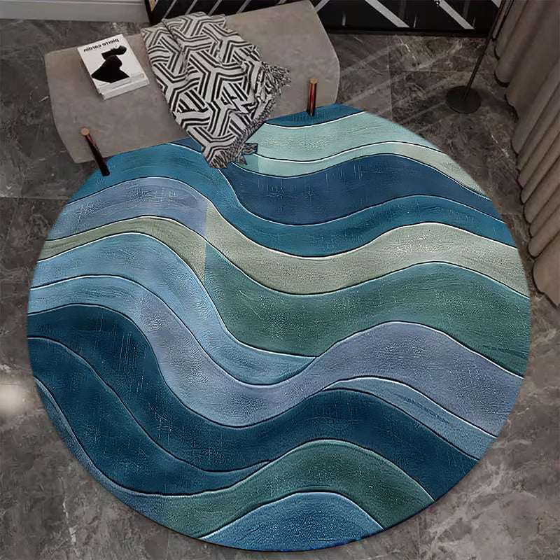 Tapis rond bleu à vagues dégradées, dos à points, 40 à 80 cm