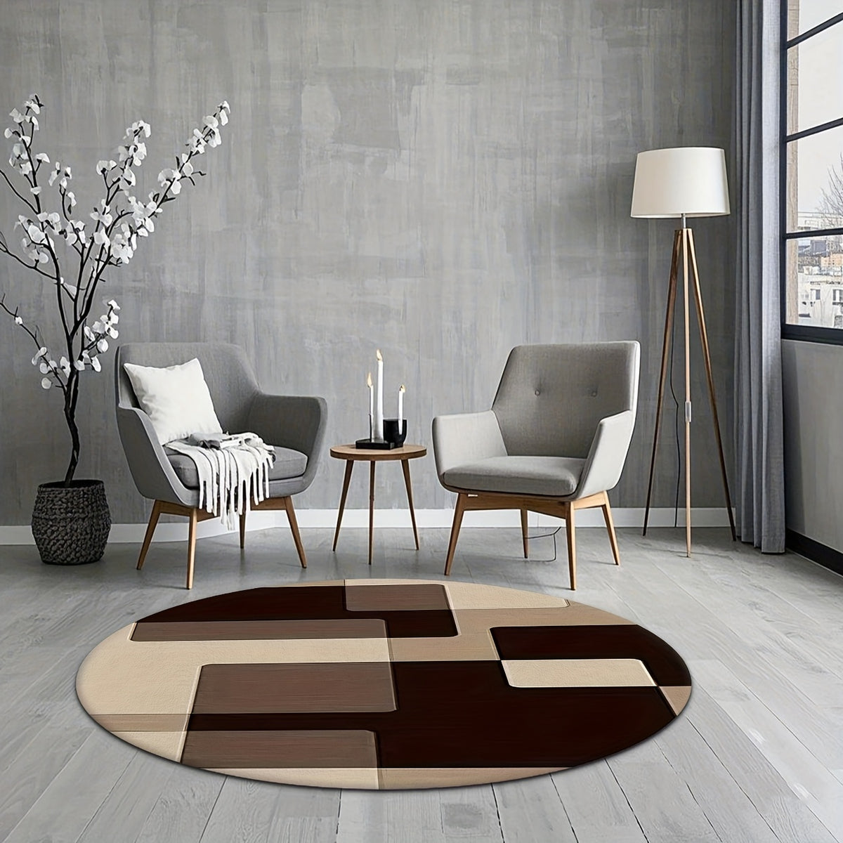 Tapis rond à blocs décalés brun et beige, Ø 100 à 200 cm