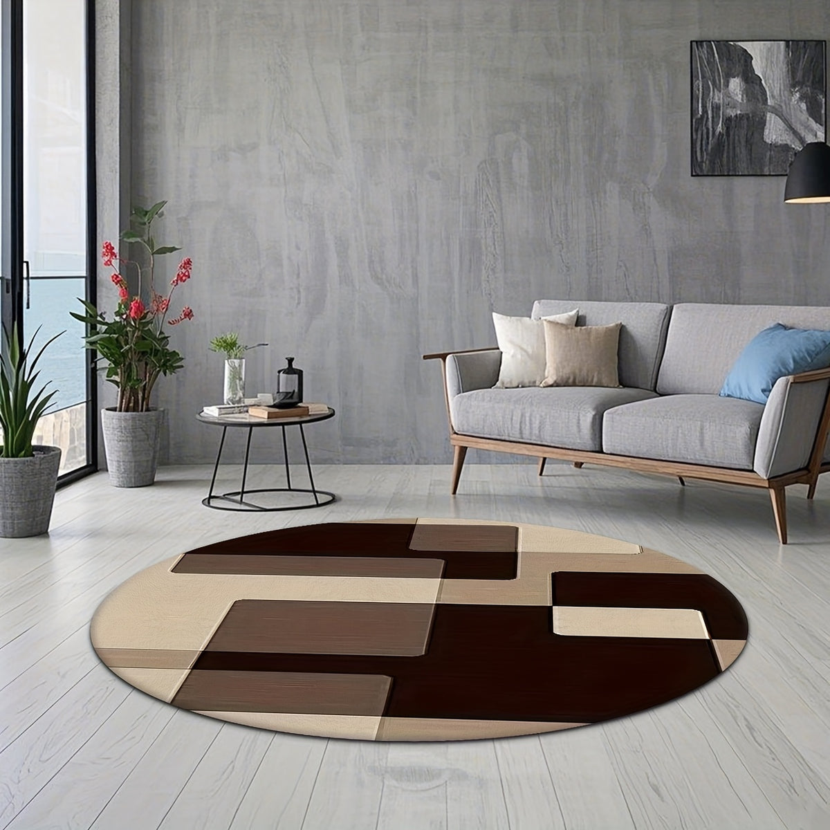 Tapis rond à blocs décalés brun et beige, Ø 100 à 200 cm
