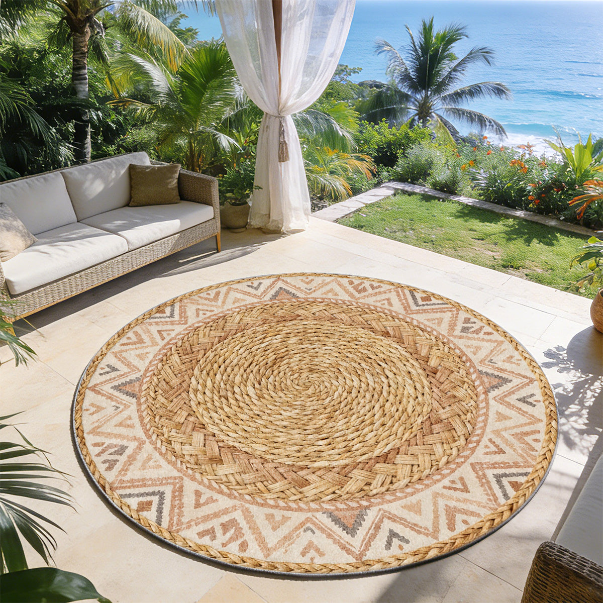 Tapis rond bohème beige et brun, natte tressée imprimée