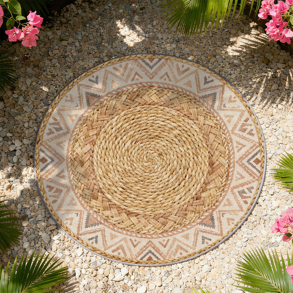 Tapis rond bohème beige et brun, natte tressée imprimée