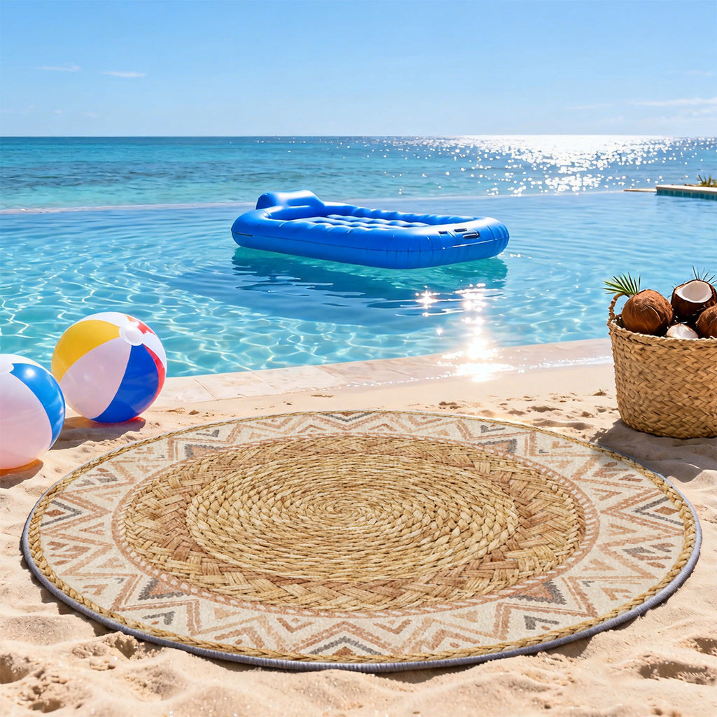Tapis rond bohème beige et brun, natte tressée imprimée