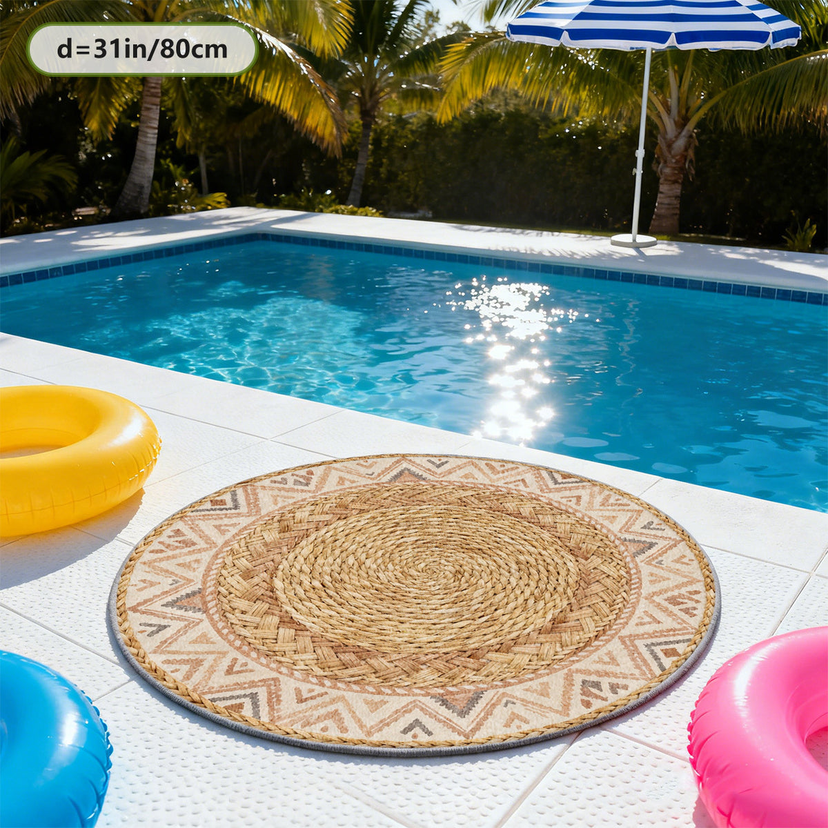 Tapis rond bohème beige et brun, natte tressée imprimée