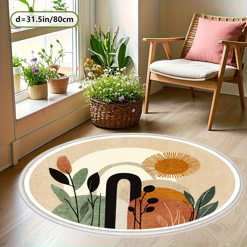 Tapis rond bohème beige, soleil terracotta et feuillages