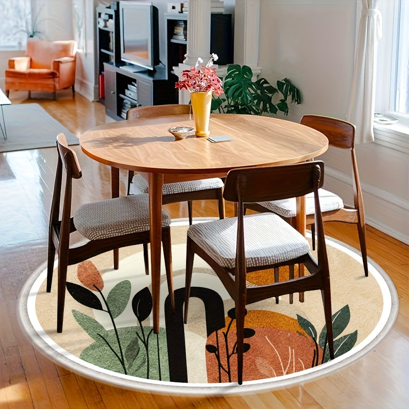 Tapis rond bohème beige, soleil terracotta et feuillages