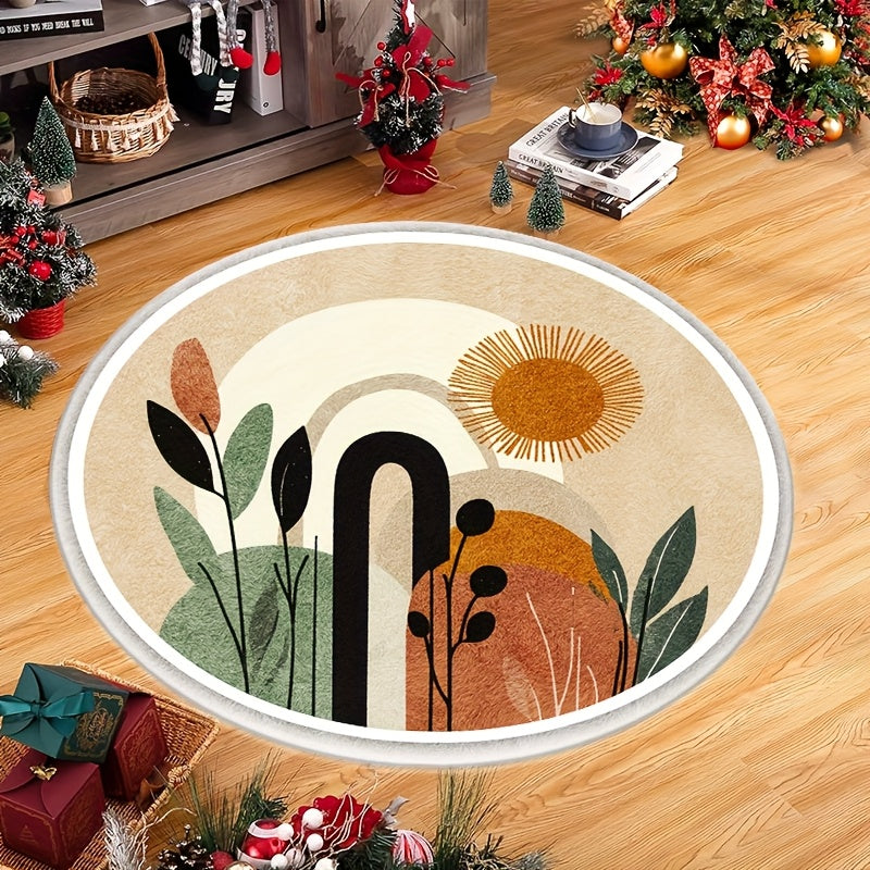 Tapis rond bohème beige, soleil terracotta et feuillages