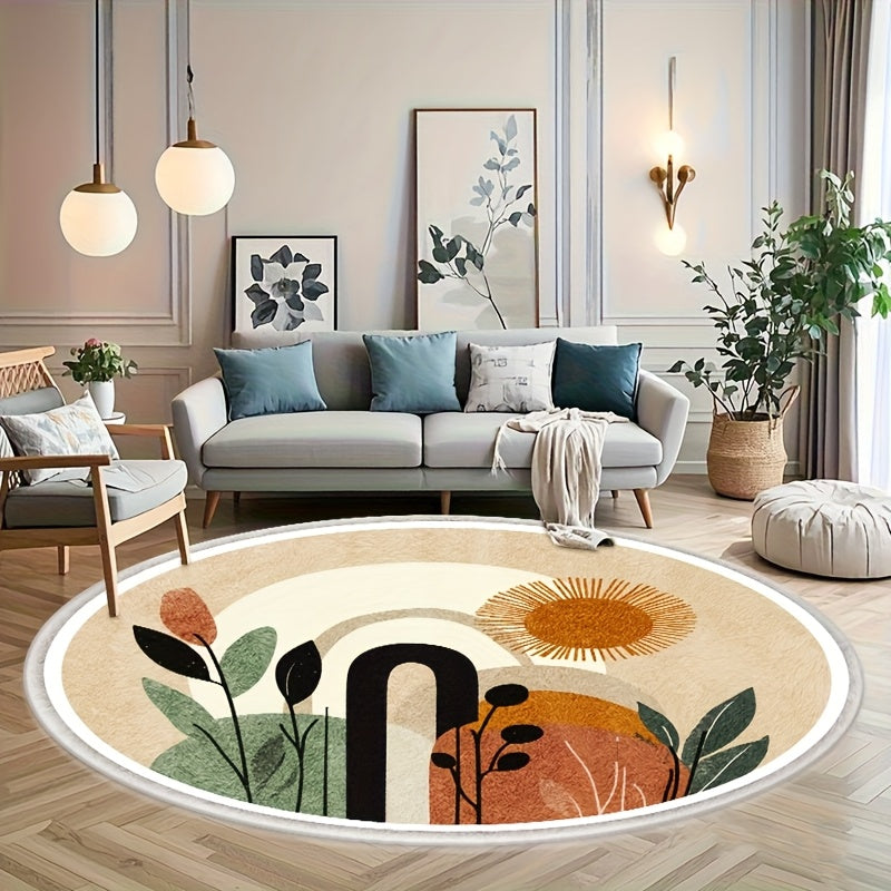 Tapis rond bohème beige, soleil terracotta et feuillages