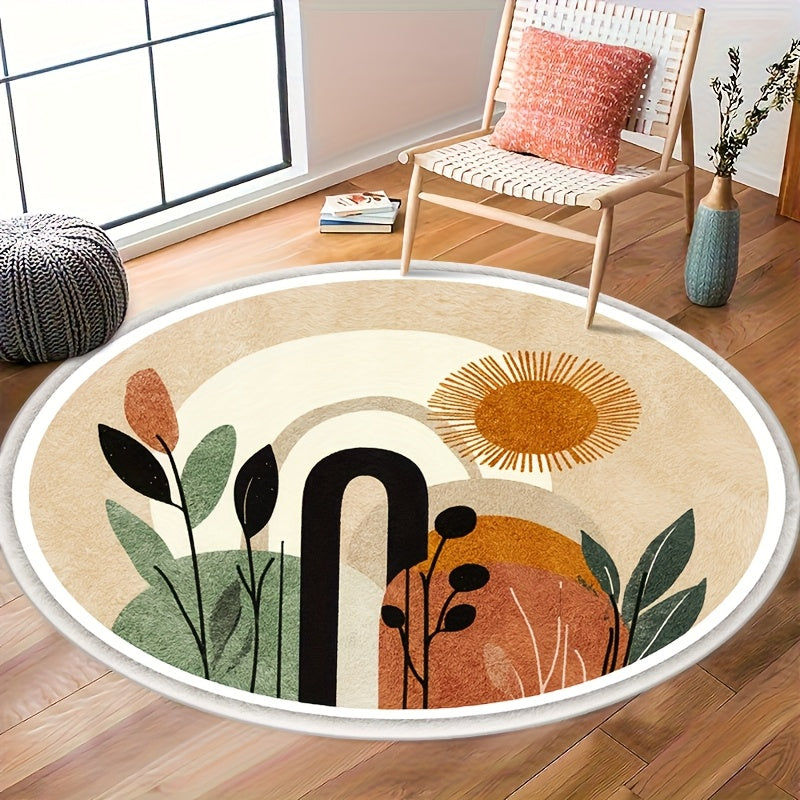Tapis rond bohème beige, soleil terracotta et feuillages
