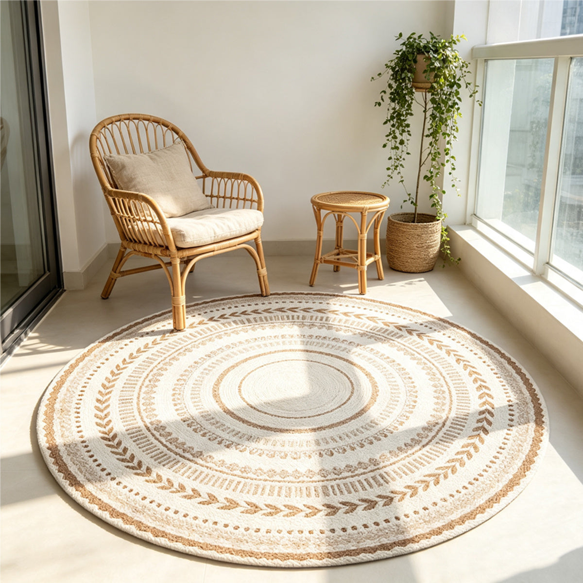 Tapis rond bohème crème et camel, du 50 cm jusqu'au 200 cm