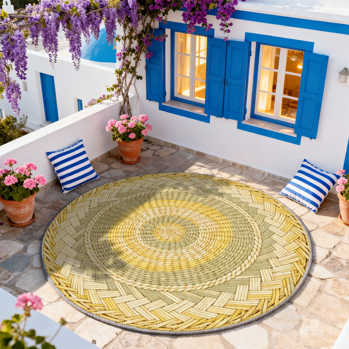 Tapis rond bohème imprimé vannerie jaune, Ø 80 à 200 cm