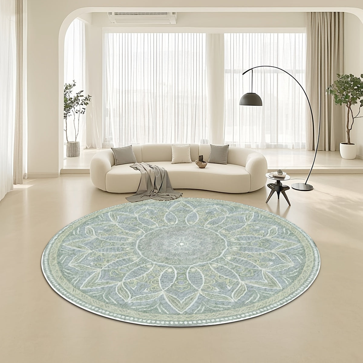 Tapis rond vert sauge, grand mandala floral bohème Ø 160