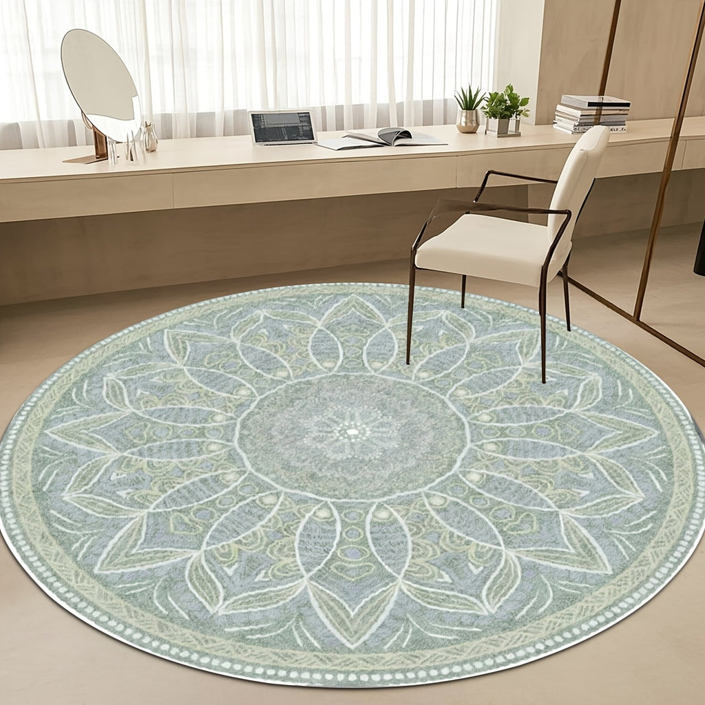 Tapis rond vert sauge, grand mandala floral bohème Ø 160