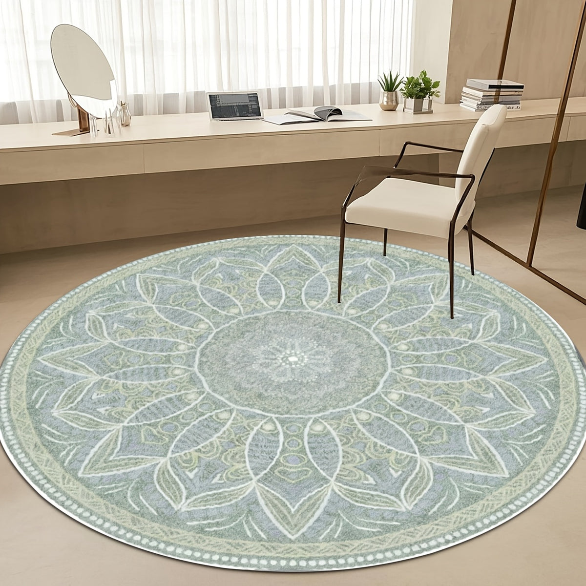 Tapis rond vert sauge, grand mandala floral bohème Ø 160