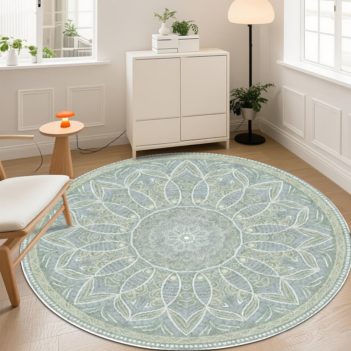 Tapis rond vert sauge, grand mandala floral bohème Ø 160