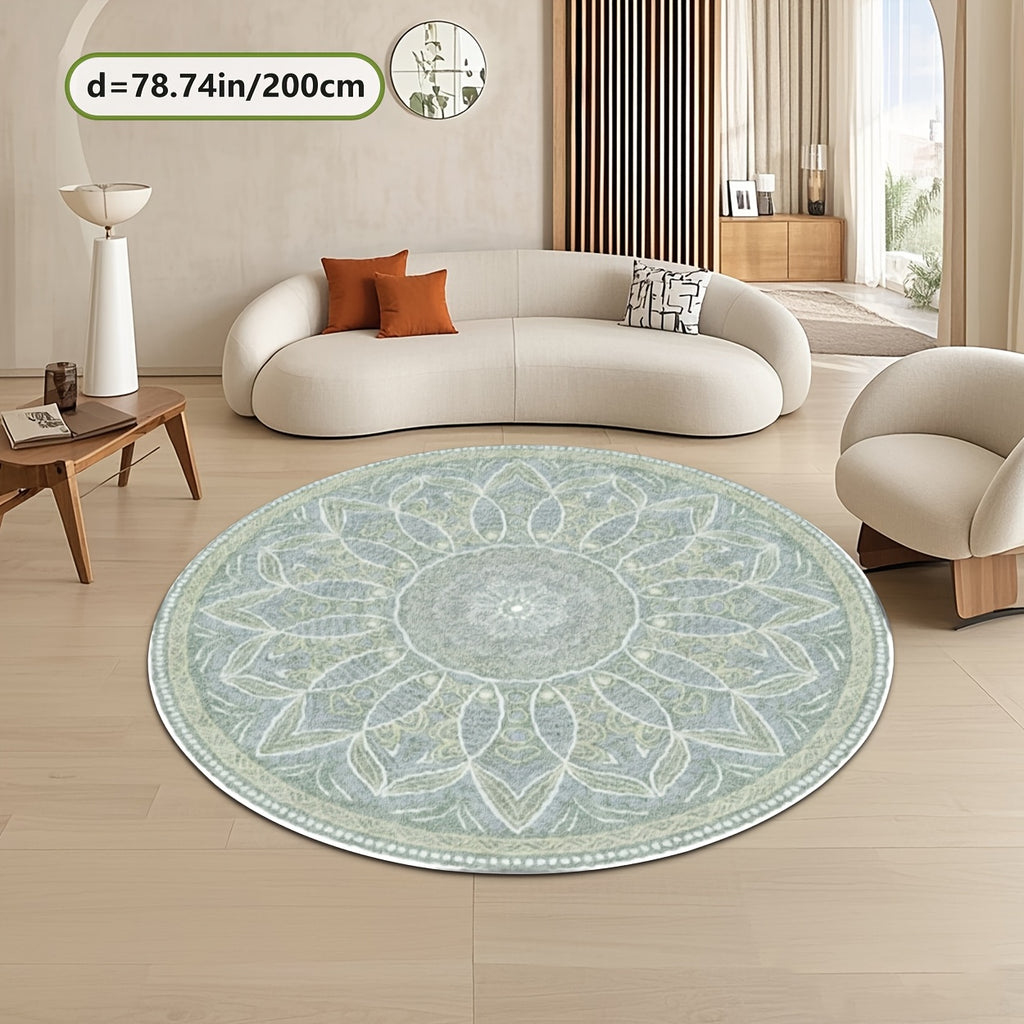 Tapis rond vert sauge, grand mandala floral bohème Ø 160