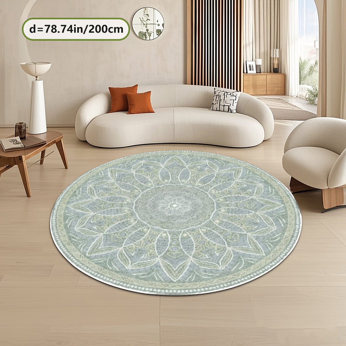 Tapis rond vert sauge, grand mandala floral bohème Ø 160