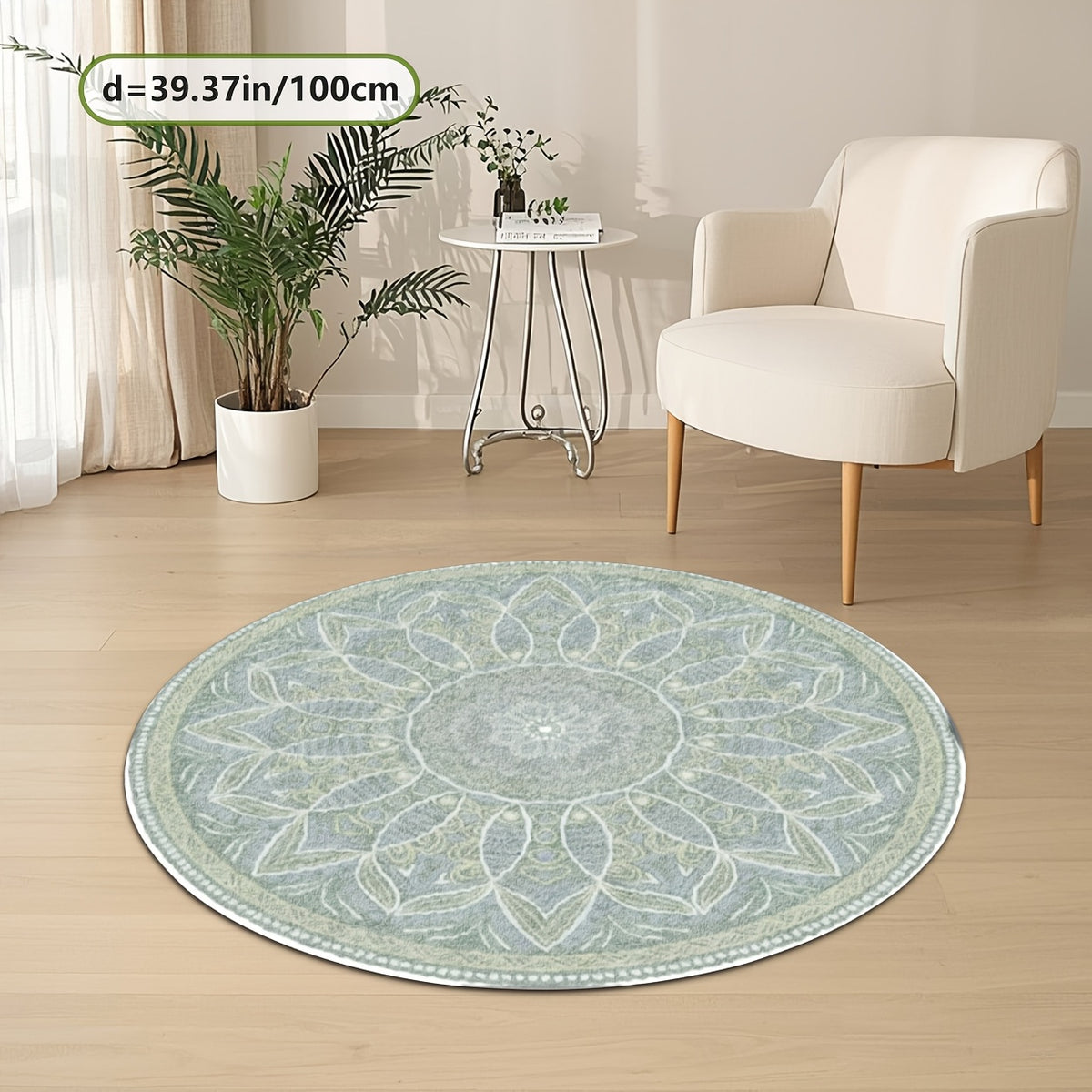 Tapis rond vert sauge, grand mandala floral bohème Ø 160