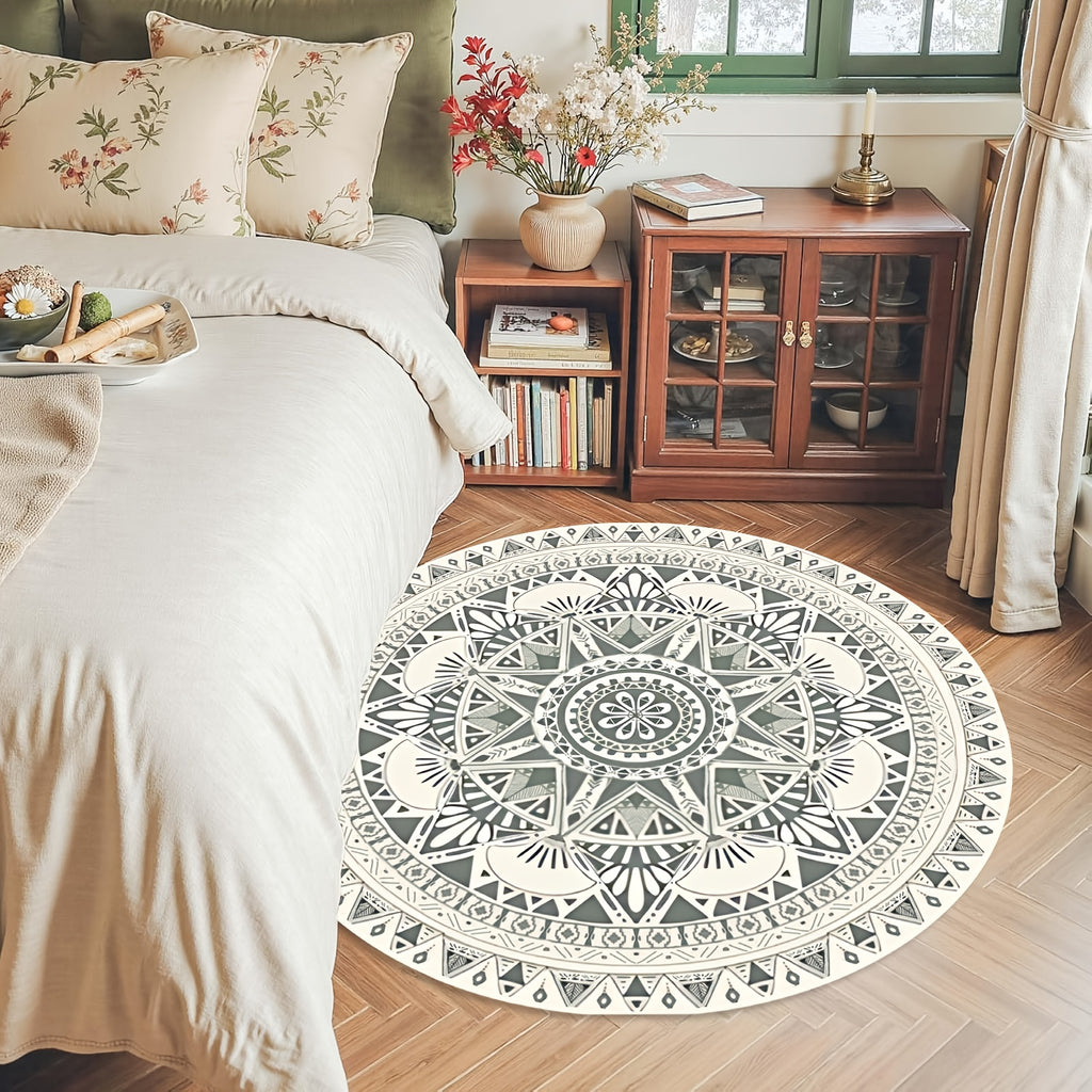 Tapis rond bohème à mandala vert sauge, en 160 ou 180 cm