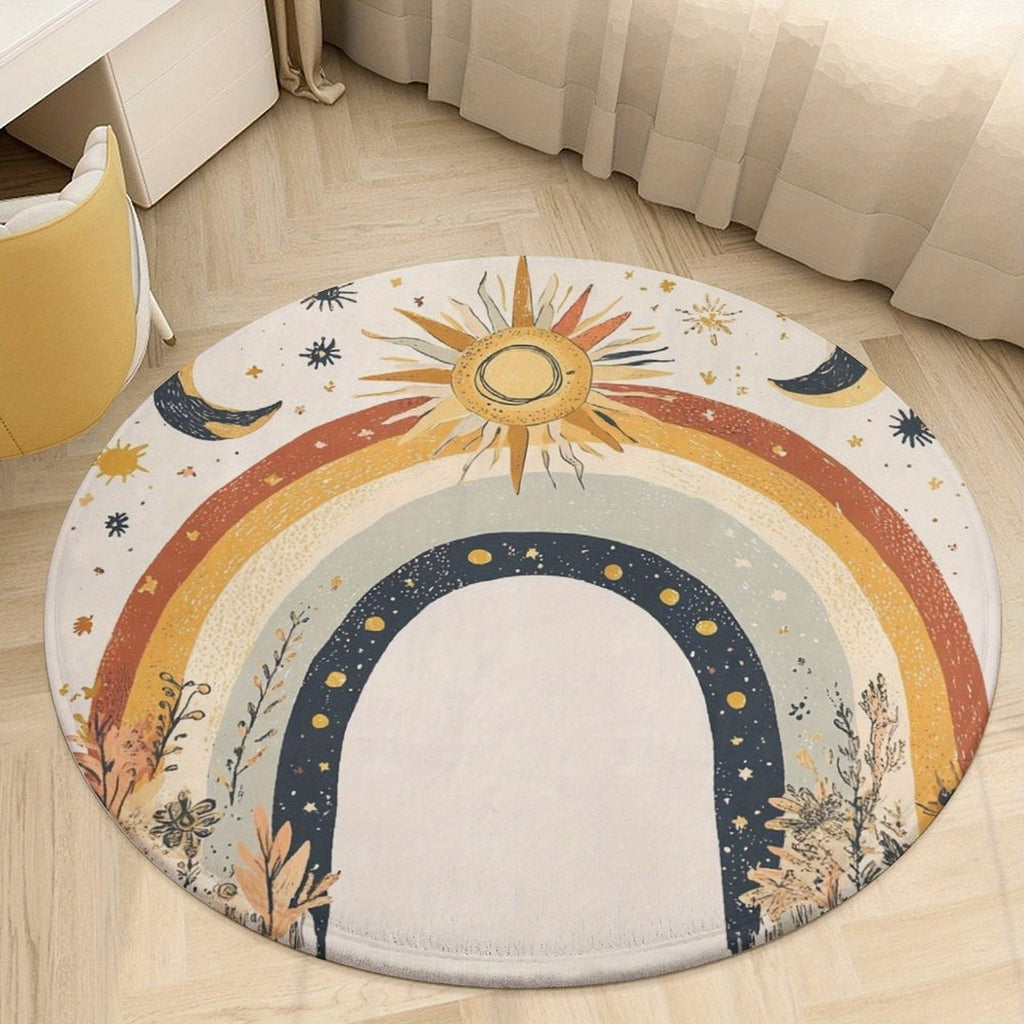 Tapis rond bohème ivoire, soleil et lune, sept diamètres