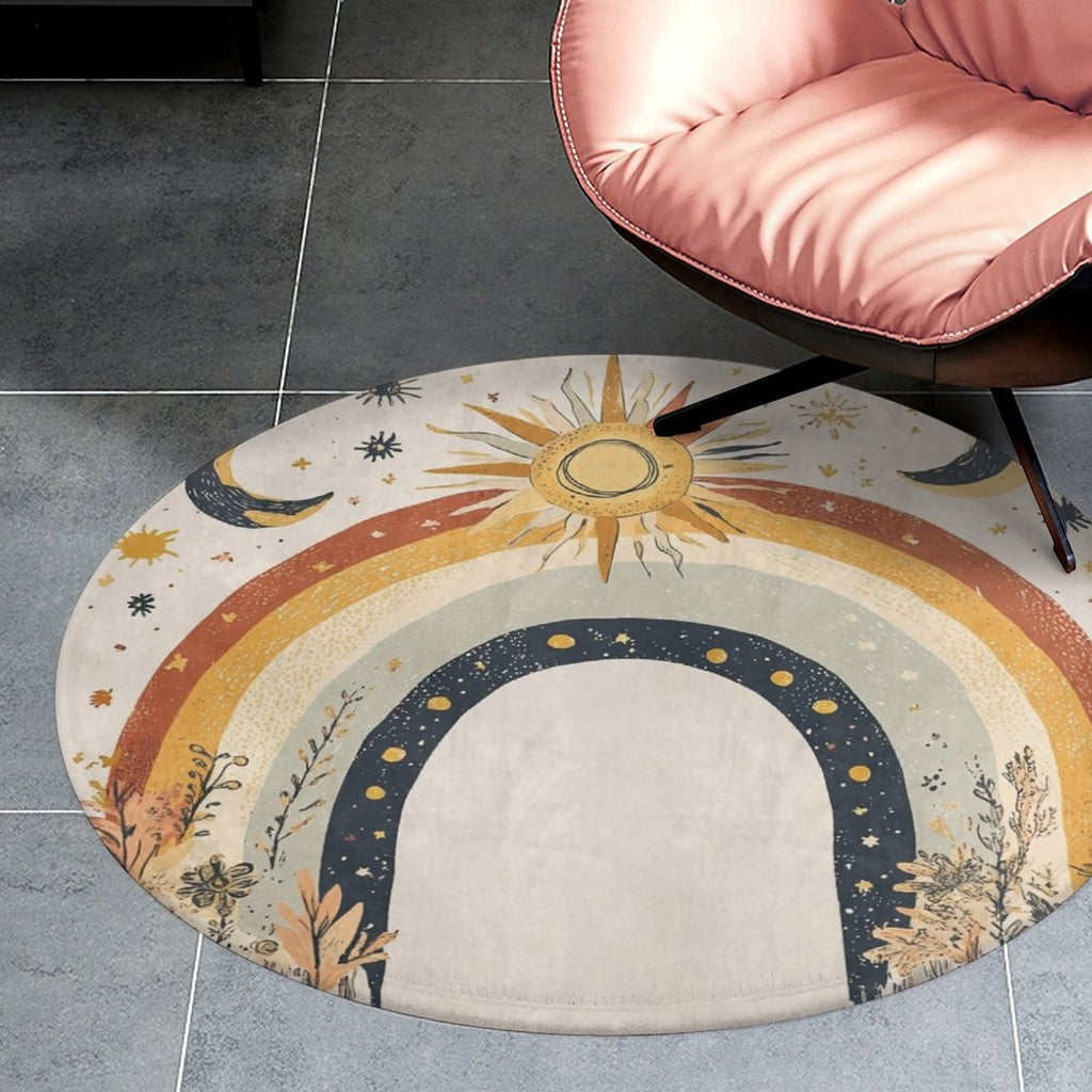 Tapis rond bohème ivoire, soleil et lune, sept diamètres