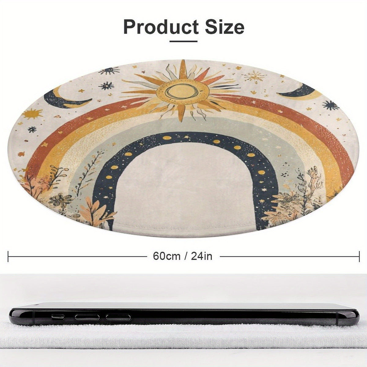Tapis rond bohème ivoire, soleil et lune, sept diamètres