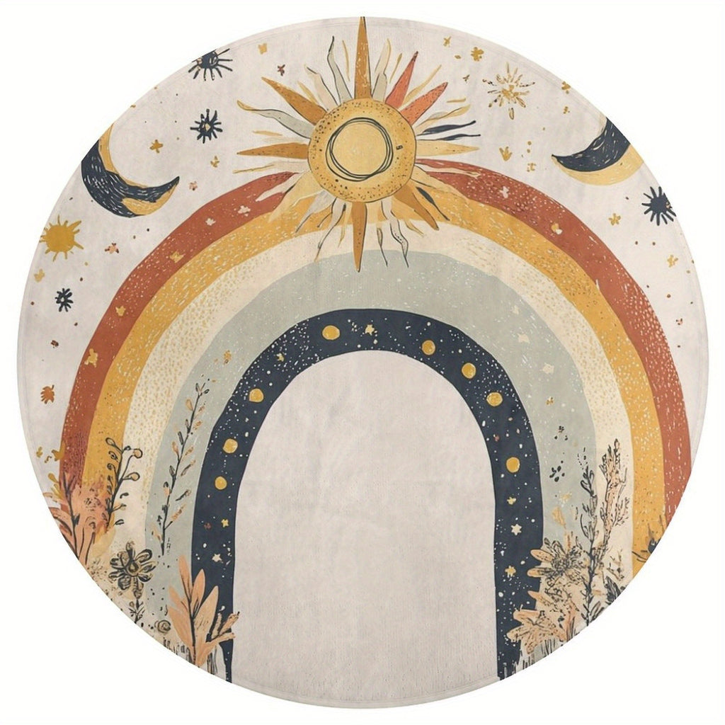 Tapis rond bohème ivoire, soleil et lune, sept diamètres