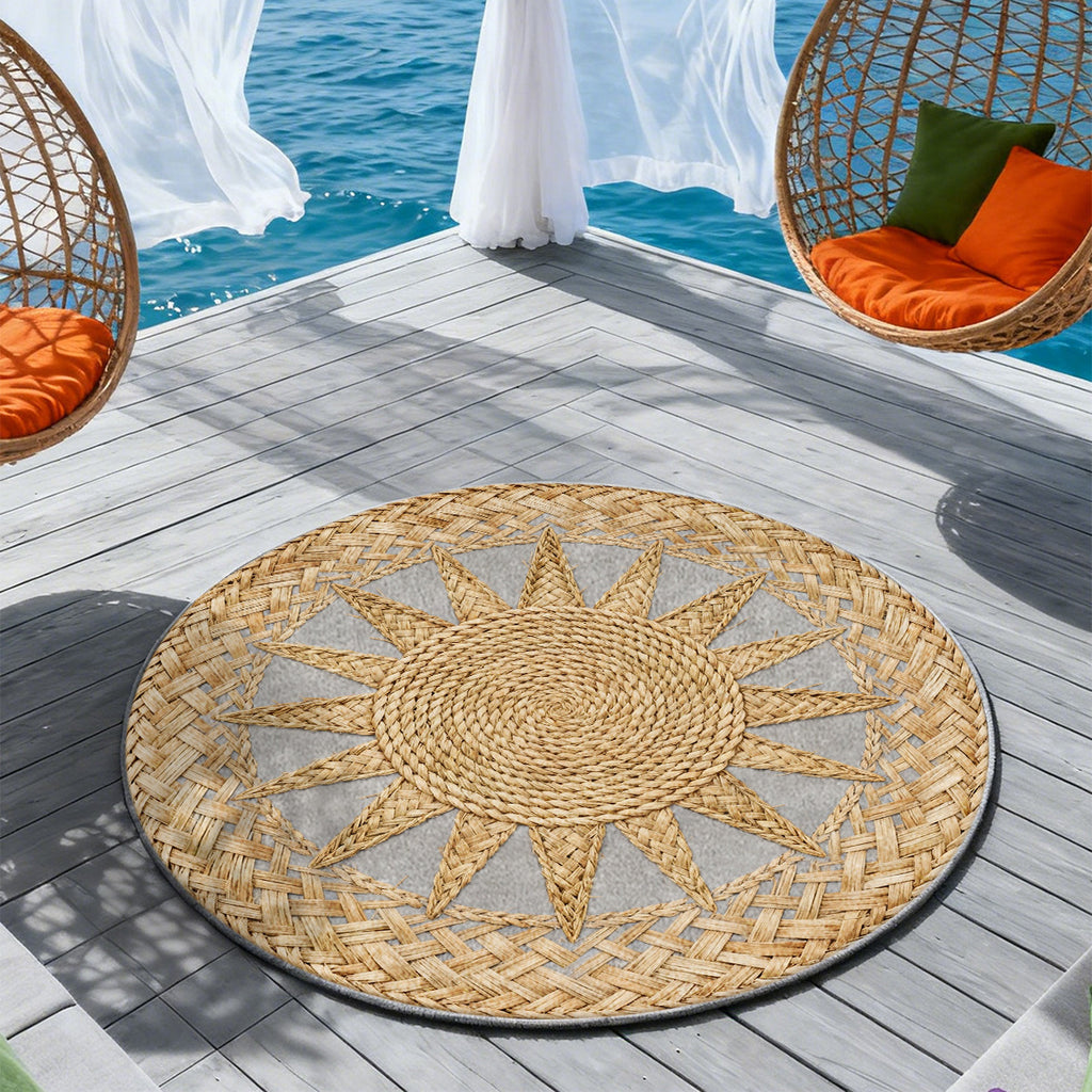 Tapis rond bohème à soleil tressé sur fond gris pierre clair