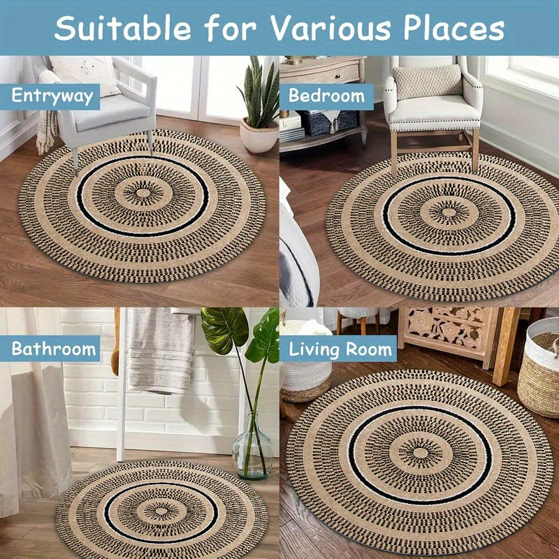 Tapis rond bohème sable et noir à vannerie dessinée, 140 cm