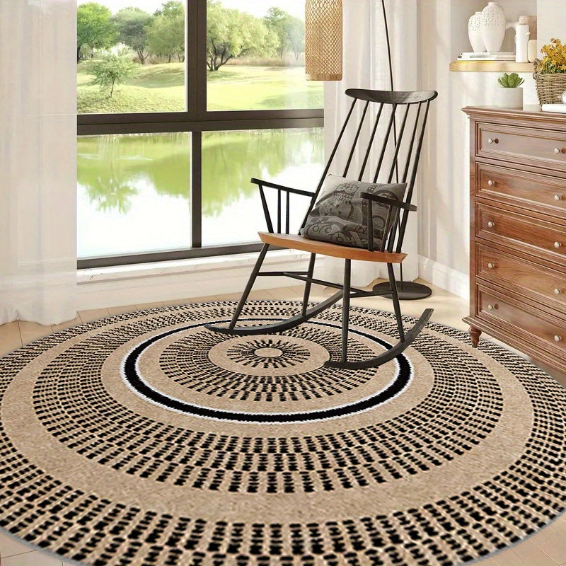 Tapis rond bohème sable et noir à vannerie dessinée, 140 cm