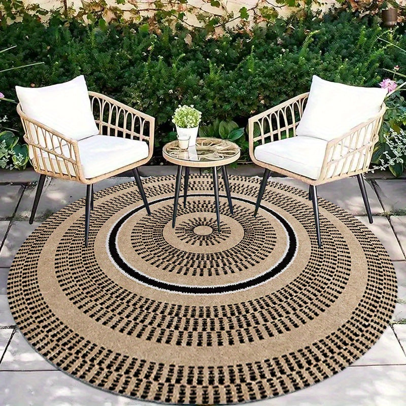 Tapis rond bohème sable et noir à vannerie dessinée, 140 cm
