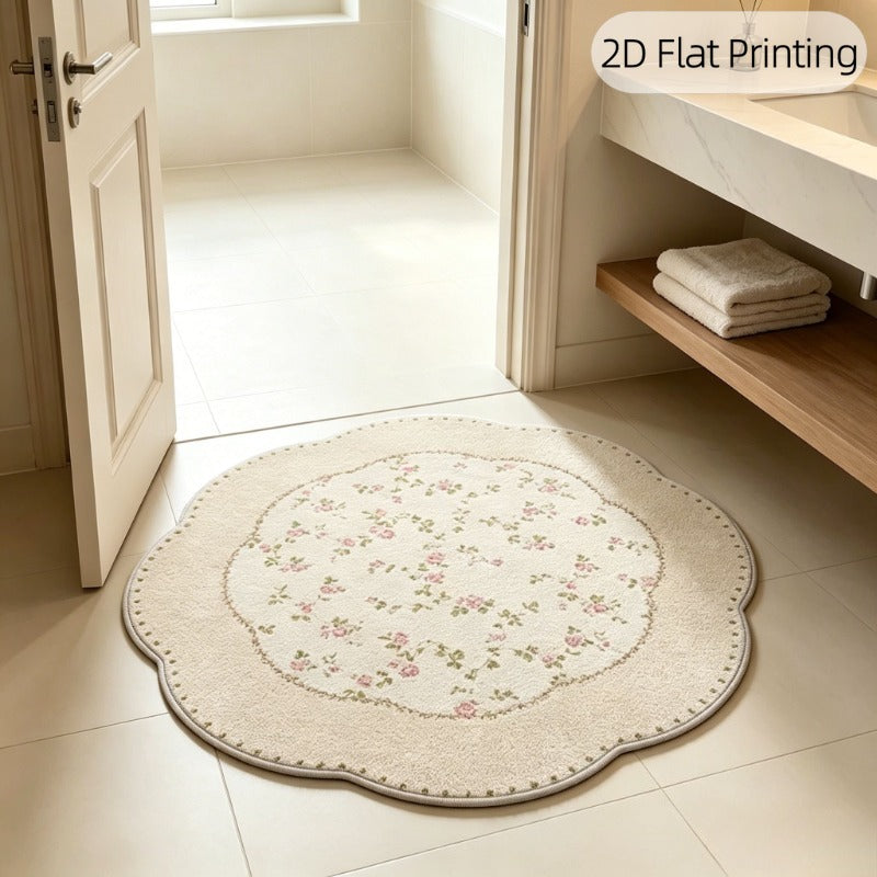 Tapis rond à bord ondulé, semis floral crème à la française