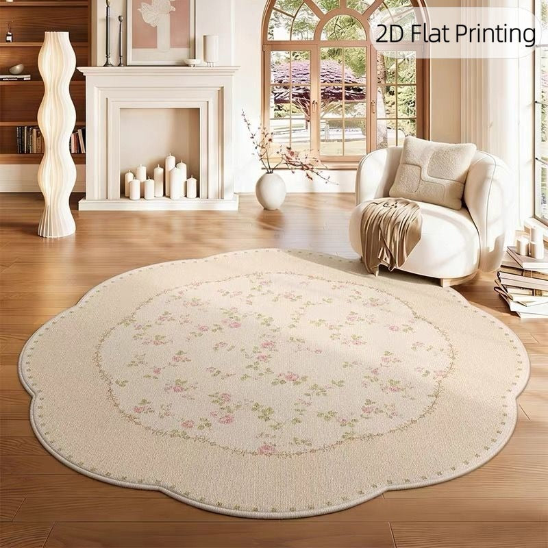 Tapis rond à bord ondulé, semis floral crème à la française