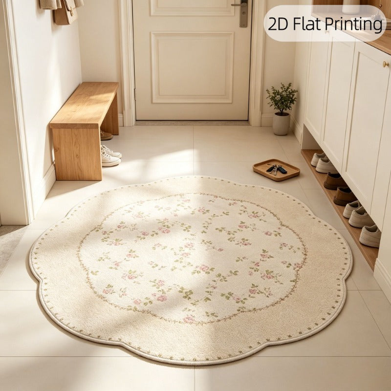Tapis rond à bord ondulé, semis floral crème à la française