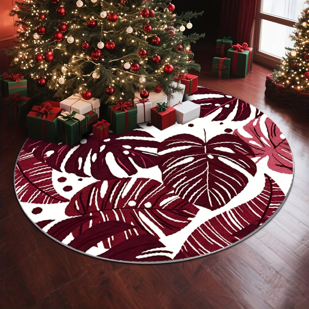 Tapis rond bordeaux à feuilles de monstera blanches, Ø 200 cm