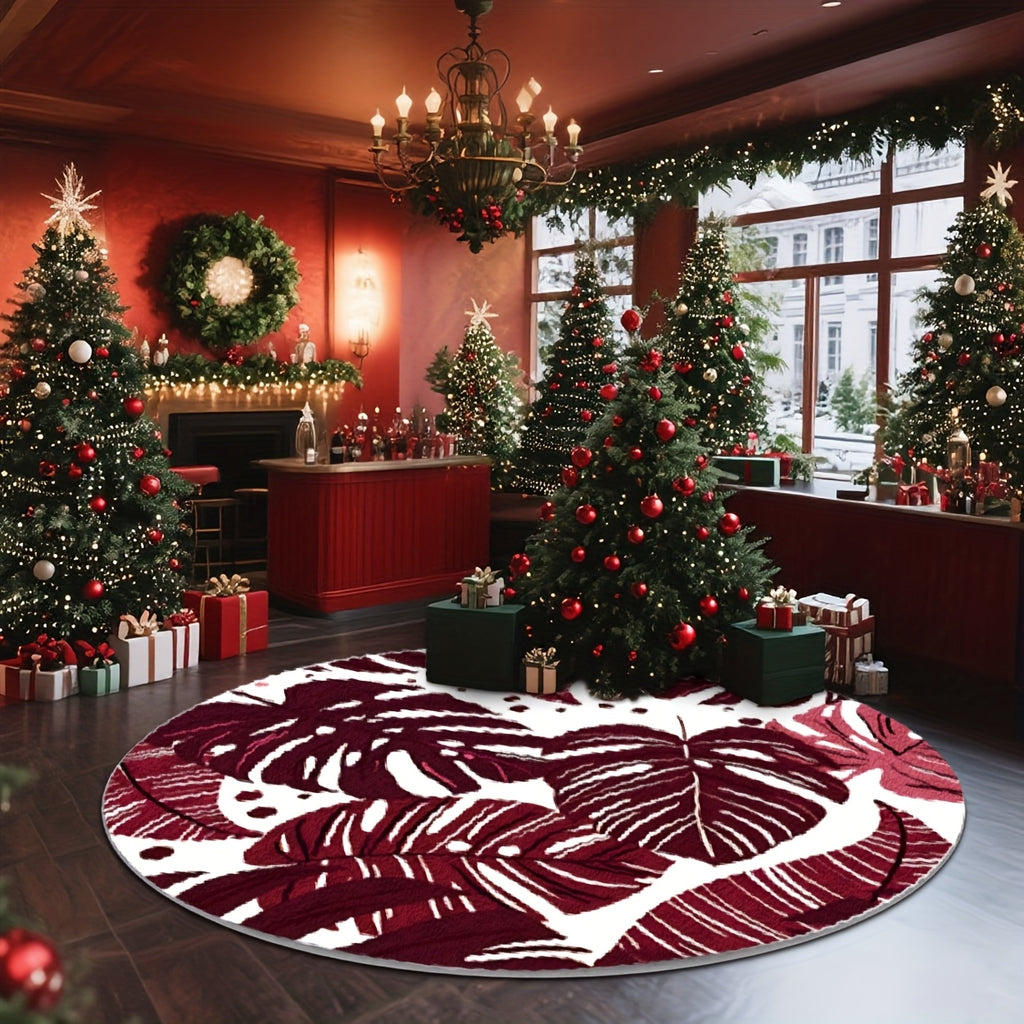 Tapis rond bordeaux à feuilles de monstera blanches, Ø 200 cm
