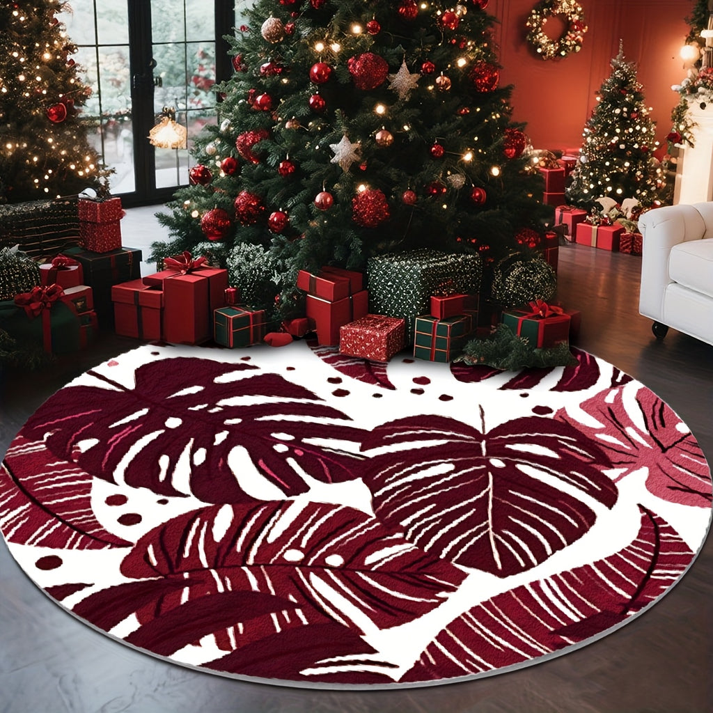Tapis rond bordeaux à feuilles de monstera blanches, Ø 200 cm