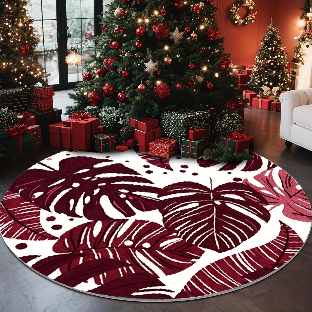 Tapis rond bordeaux à feuilles de monstera blanches, Ø 200 cm