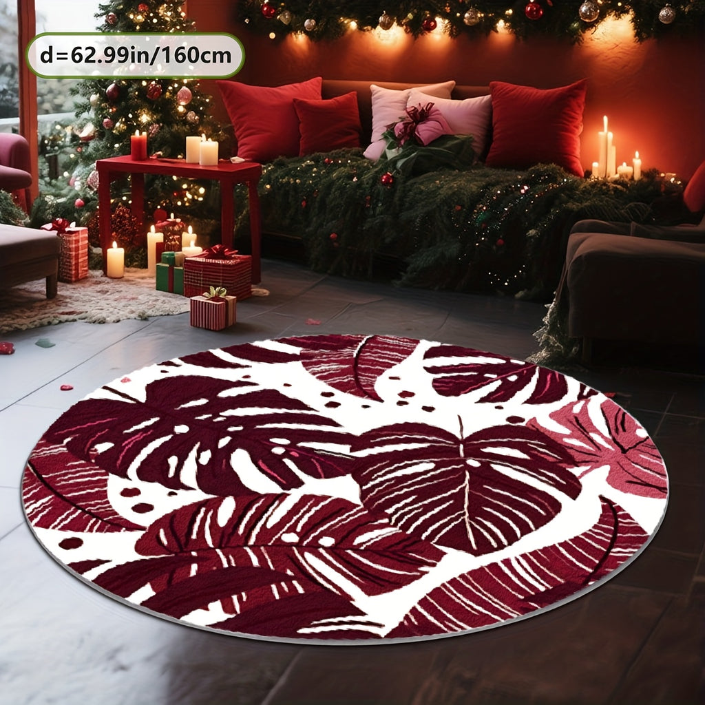 Tapis rond bordeaux à feuilles de monstera blanches, Ø 200 cm
