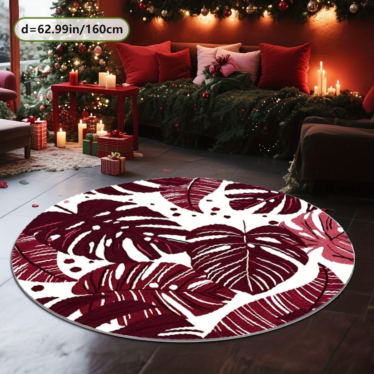 Tapis rond bordeaux à feuilles de monstera blanches, Ø 200 cm