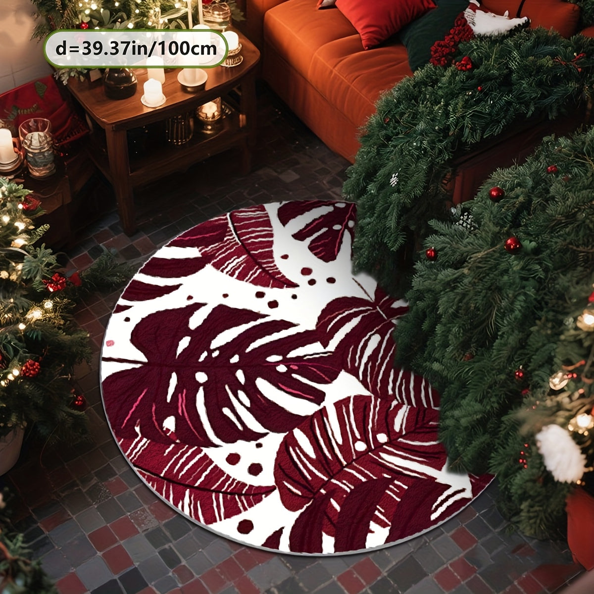Tapis rond bordeaux à feuilles de monstera blanches, Ø 200 cm