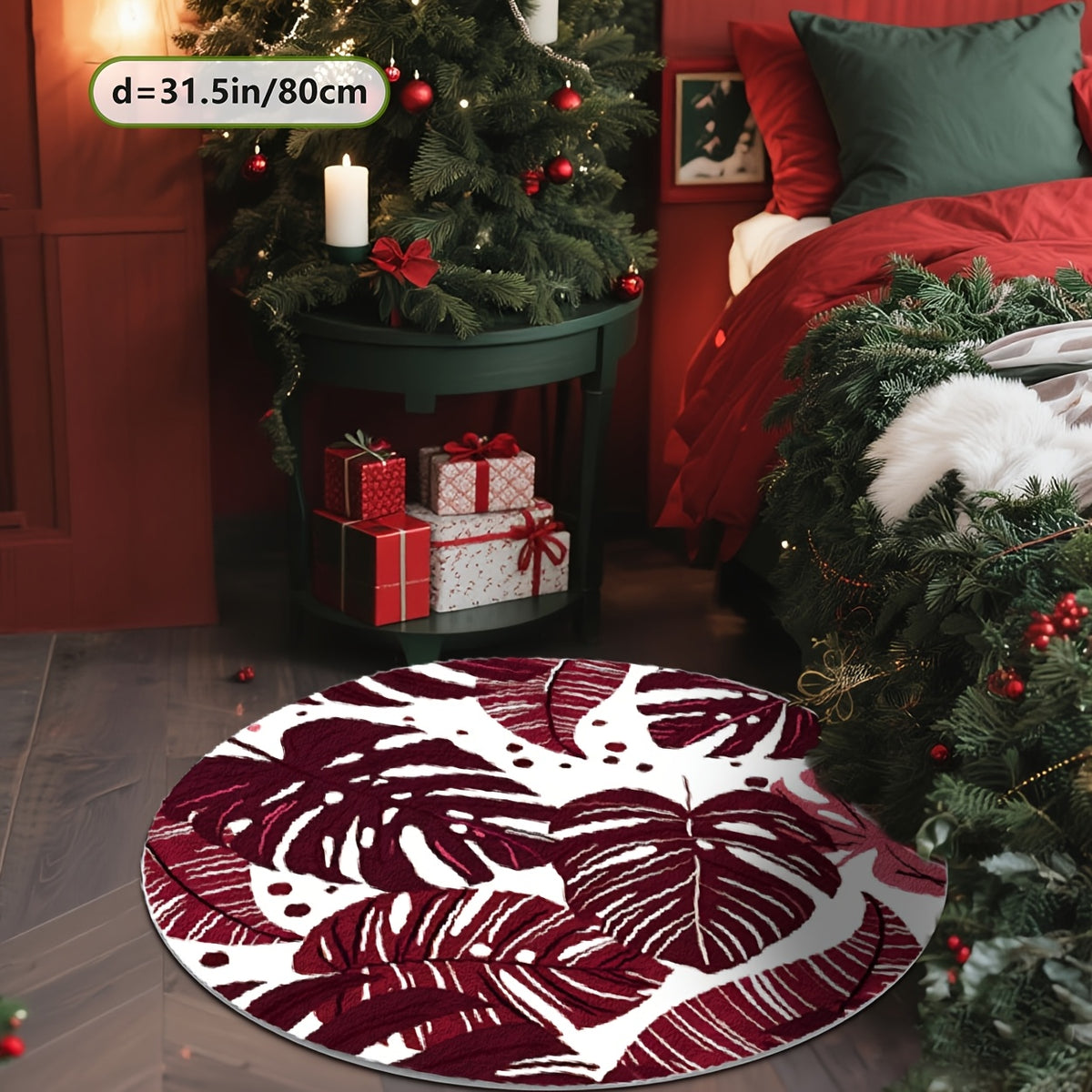 Tapis rond bordeaux à feuilles de monstera blanches, Ø 200 cm