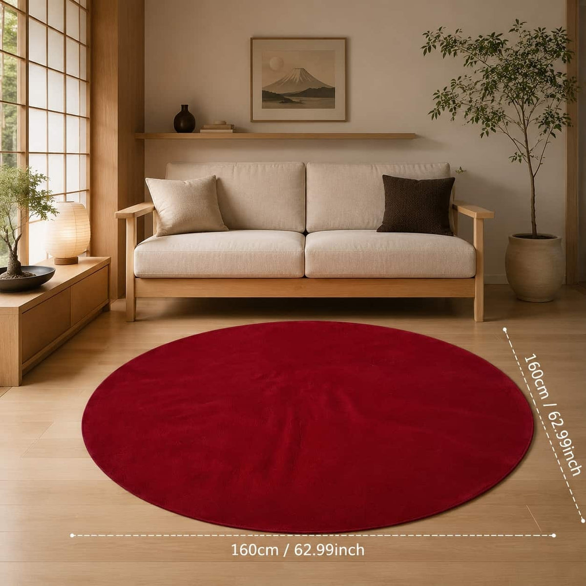 Tapis rond bordeaux uni en velours bouclé, de 100 à 200 cm
