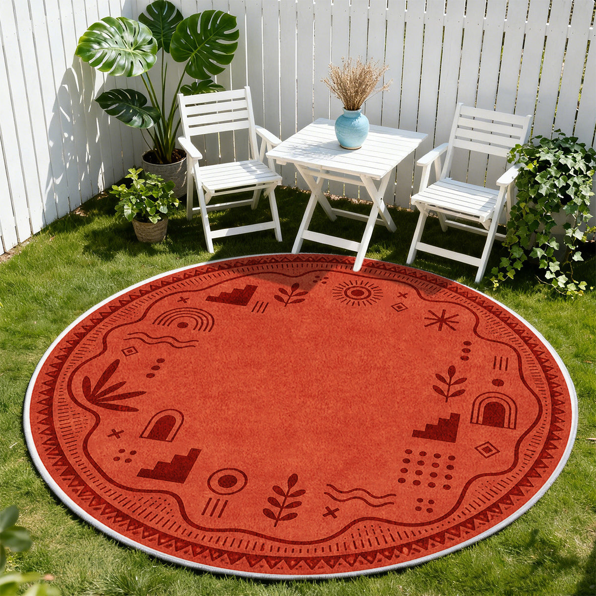 Tapis rond brique à frise bohème, 4 mm, Ø 80 à Ø 200 cm