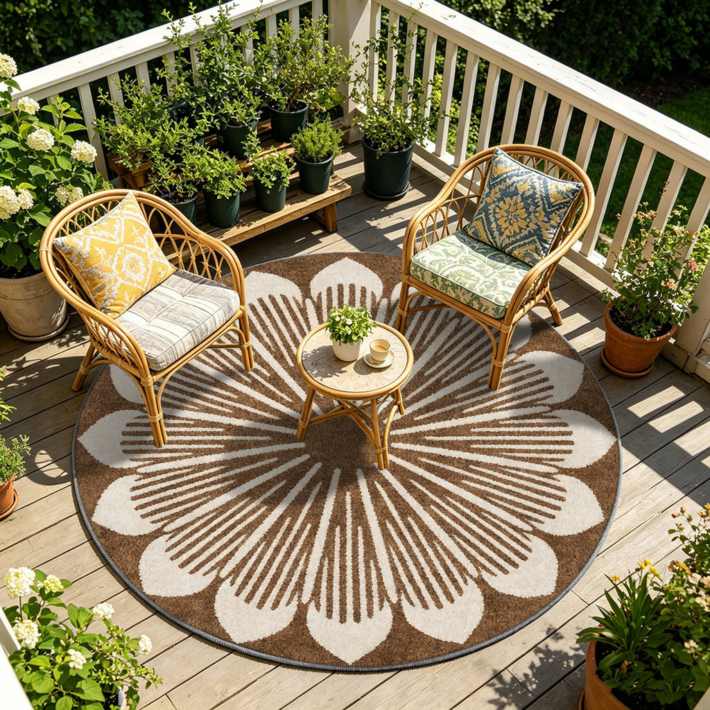 Tapis rond brun à fleur géante crème, lavable en machine