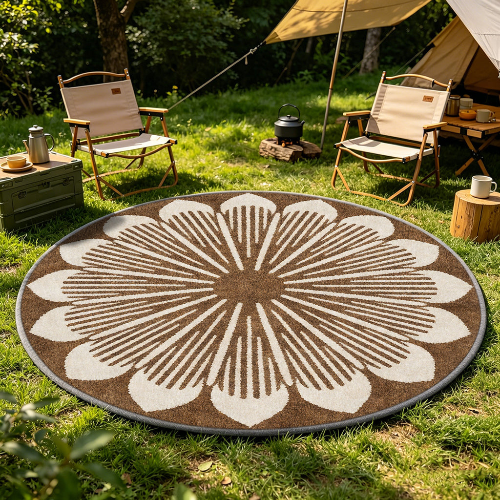 Tapis rond brun à fleur géante crème, lavable en machine