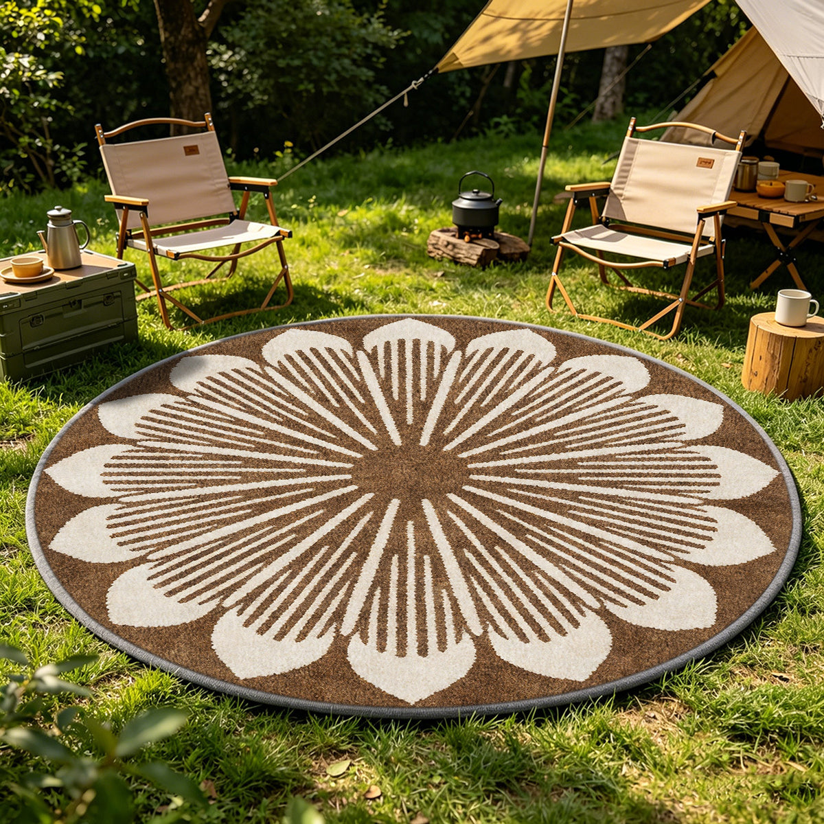 Tapis rond brun à fleur géante crème, lavable en machine